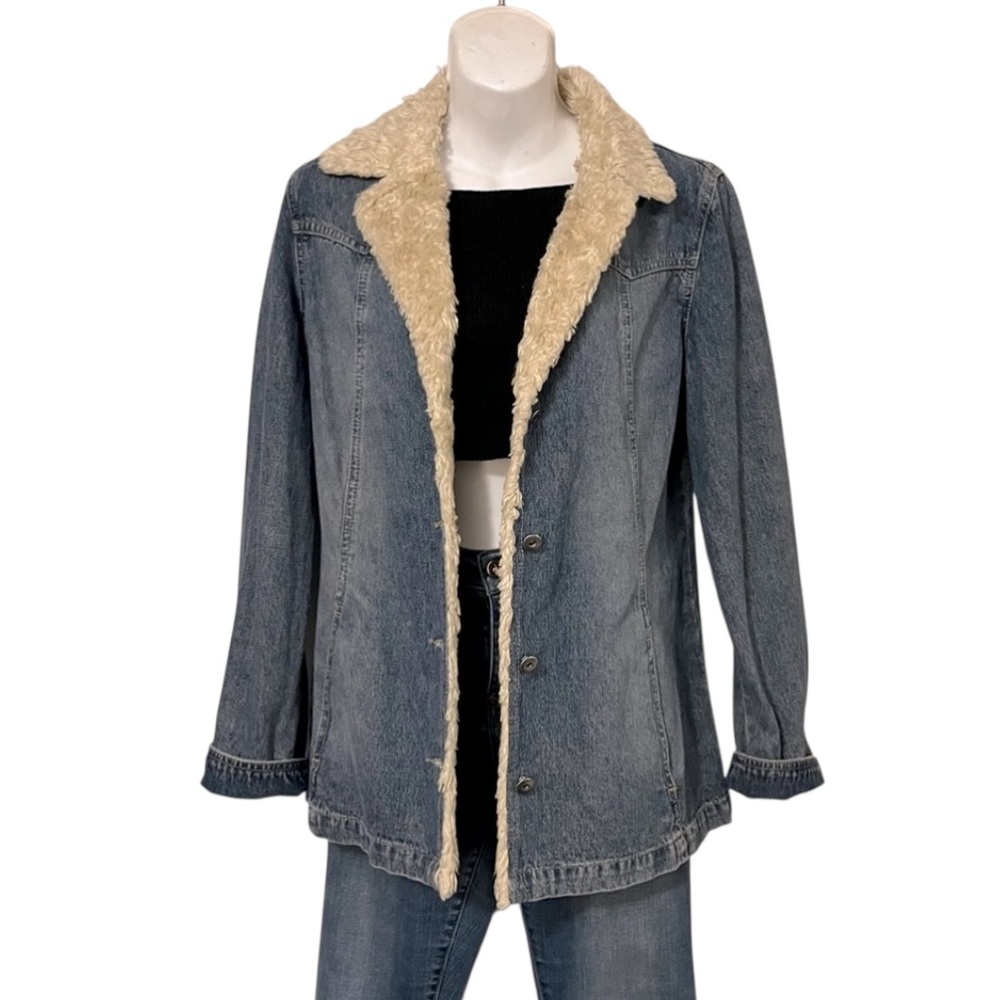 Denim Vintage Faux Fur Sherpa Collar Blue Washed Denim Jean Jacket Blazer M
